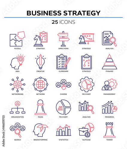 Business strategy icon collection set. Containing business, planning, strategy, strategic plan, brainstorming, analysis, statistics icon. Simple line color vector.