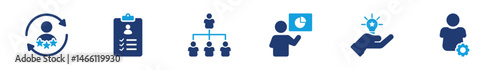 Management icon collection representing leadership, team structure, performance review, skills development, and idea contribution in solid style
