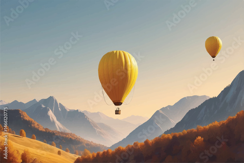 Yellow Hot Air Balloon Soaring Over Autumnal Mountain Landscape at Sunrise