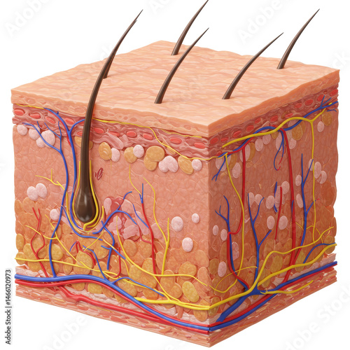 Detailed 3D Render of Human Skin Anatomy Cross Section Showing Epidermis Dermis and Subcutaneous Layers with Hair Follicle Blood Vessels and Nerves