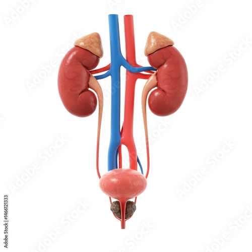 Detailed 3D Render Of Human Urinary System With Kidneys, Ureters, Bladder And Urethra On Transparent Background