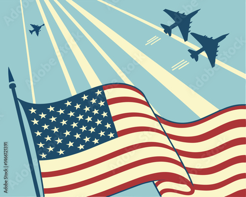 Stars and stripes of the USA flag, a national symbol with red and white stripes and blue field with white stars, waving for July independence day, an illustration of American patriotism and freedom