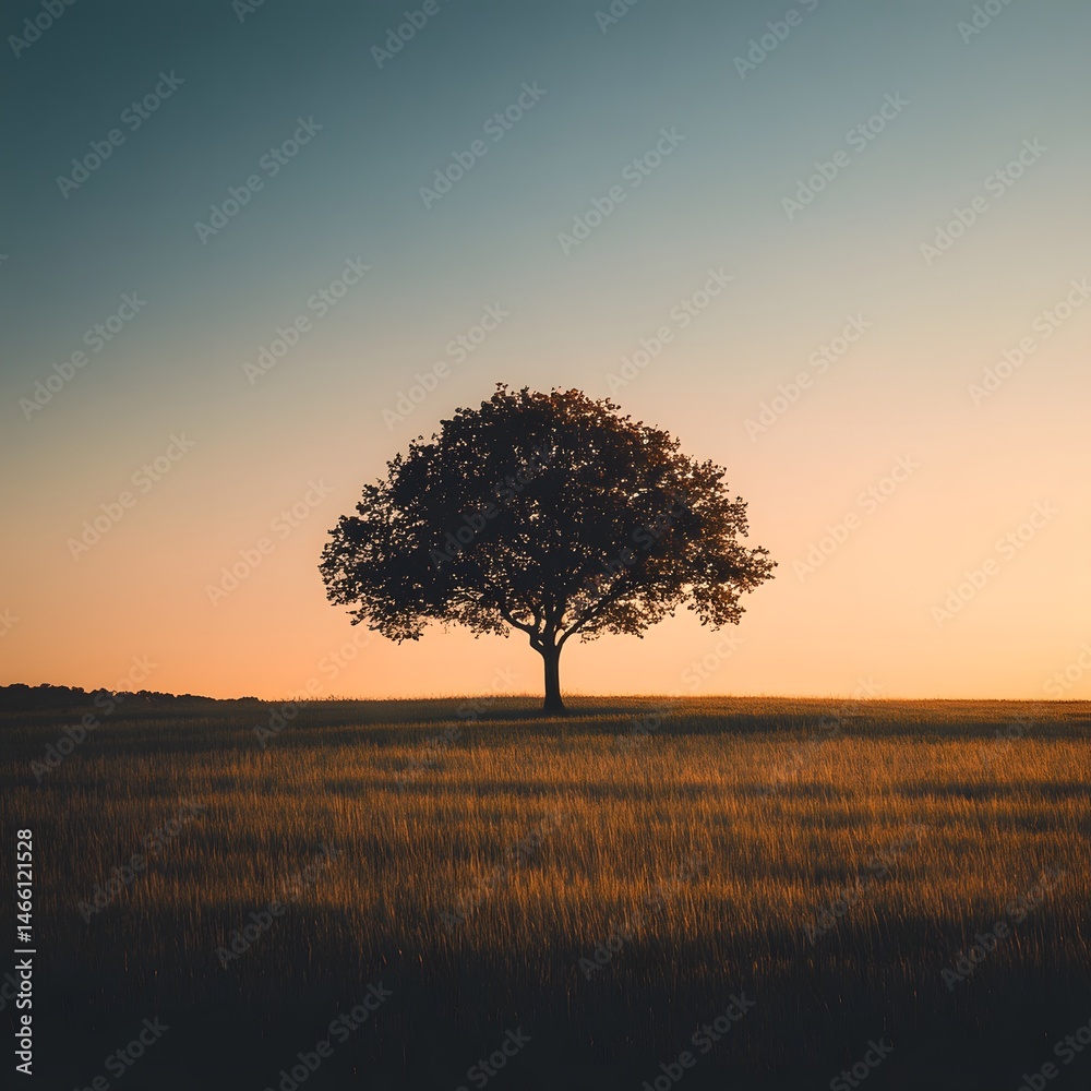 Silhouette lone tree standing quietly in wide grass field at golden hour, capturing calm essence nature and warmth of evening light in peaceful minimal outdoor moment