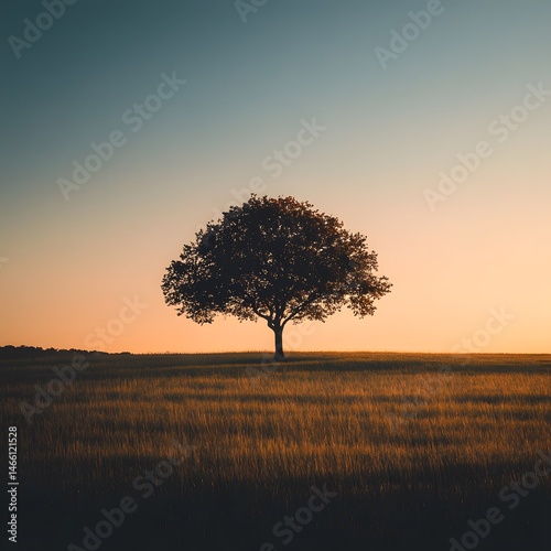 Obraz na płótnie Silhouette lone tree standing quietly in wide grass field at golden hour, capturing calm essence nature and warmth of evening light in peaceful minimal outdoor moment w salonie