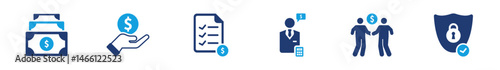 Finance icon collection illustrating money management, payment, financial planning, budget control, security, and advisor in a modern solid style