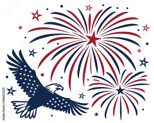 vector illustration of a fireworks ,Stylized fireworks exploding over city skyline, Fourth of July celebration