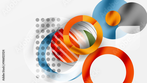 Abstract design features overlapping circles, stripes, dots. Orange, blue, gray tones create modern visual composition. Clean background enhances shapes.