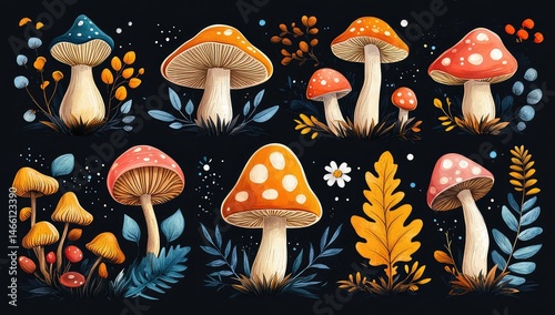 Autumn Mushrooms Forest Illustration.