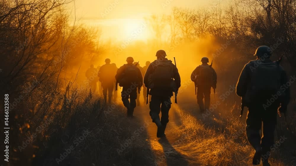 A group of soldiers marching together into the beautiful sunset along a dusty trail evokes strong emotions A group of soldiers marching together into the beautiful sunset along a dusty trail evokes strong emotions