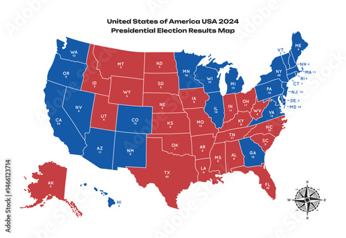 United States of America USA 2024 Presidential Election Results Map in red and blue. 2024 United States of America Presidential Election banner.