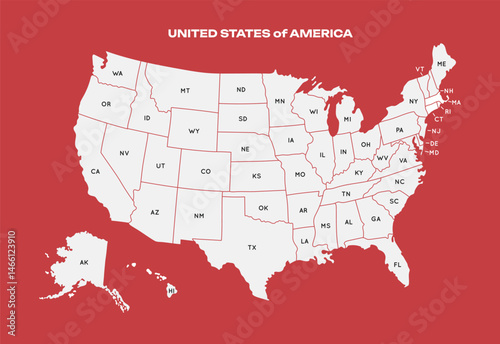 USA Map initial States. Poster map of United States of America. Infographic graphic design print map of USA states on Red background