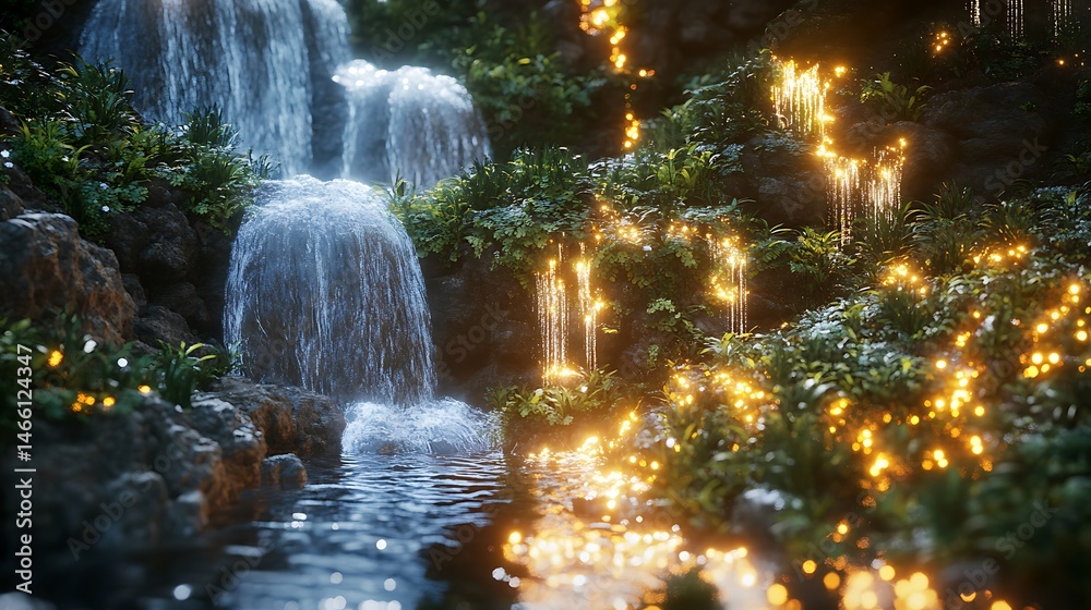 Obraz premium Rocky landscape hosts tranquil waterfall and colorful floral foreground high resolution picture