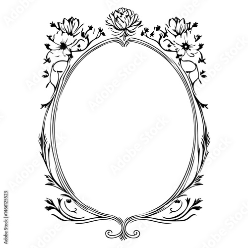 Decorative floral frame with oval space for text or image, botanical illustration