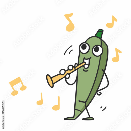 Cartoon okra playing kazoo happily against a white background  