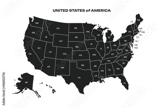 USA Map initial States. Poster map of United States of America. Infographic graphic design print map of USA states on white background