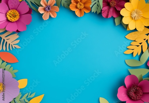 Vibrant paper flowers in pink, orange, yellow and purple shades arranged in a circle on a bright blue background. Space for text or design in center.