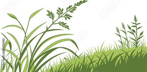 Vibrant Green Vector Illustration of Lush Grassland with Flowers and Plants for Nature and Landscape Design Enthusiasts.