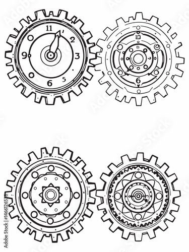 Clock mechanism metal gears line art illustration design.eps