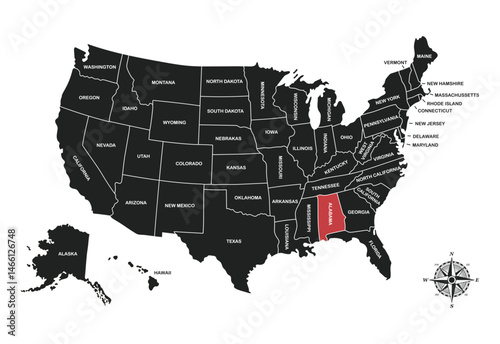 Alabama , USA, vector map isolated on United states map. Editable blank vector map of USA.