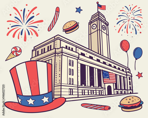 Celebrate Fourth of July with a patriotic Uncle Sam hat, USA flag, and star icons for independence day in America