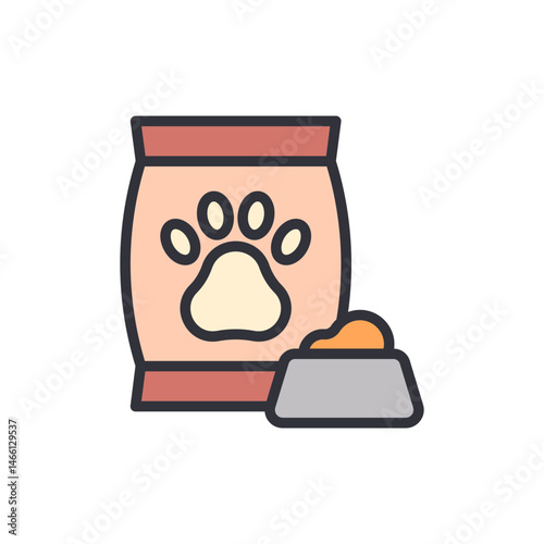 Bag of delicious pet food next to a full bowl, waiting for your furry friend