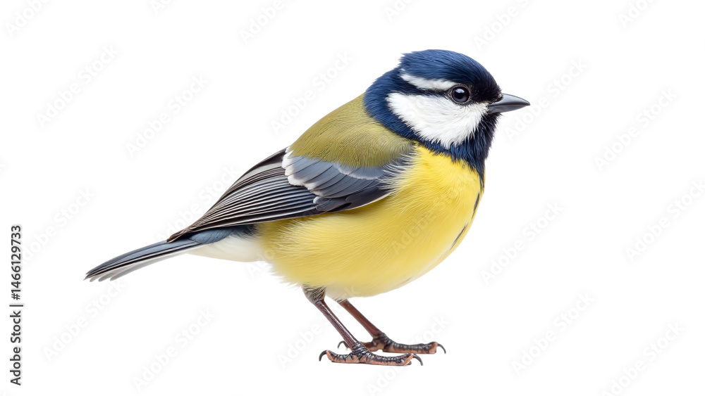 Obraz premium Avian wildlife Blue Tit bird portrait, small colorful songbird nature close up, yellow and black feathered animal detail, vibrant passerine species studio shot