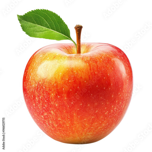 A red apple with a green leaf isolated on transparent background