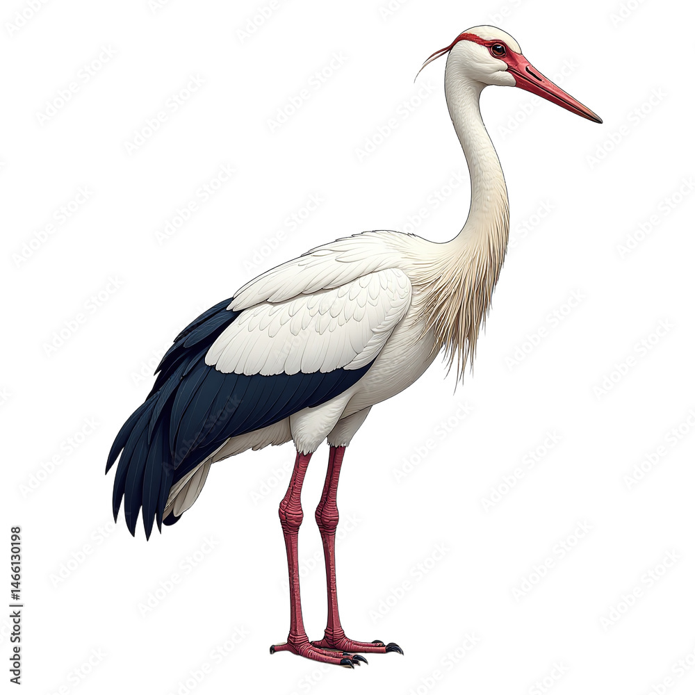 Fototapeta premium Majestic white stork standing isolated on clean white background for marketing campaigns, corporate presentations, and eco-friendly branding with copy space for text