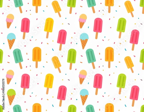 A cheerful seamless pattern displays colorful cartoon popsicles and ice cream cones scattered amongst confetti on a white background, evoking a summery and fun vibe. photo