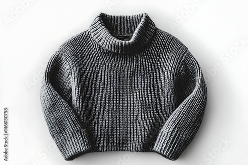 Gray turtleneck knit sweater, laid flat