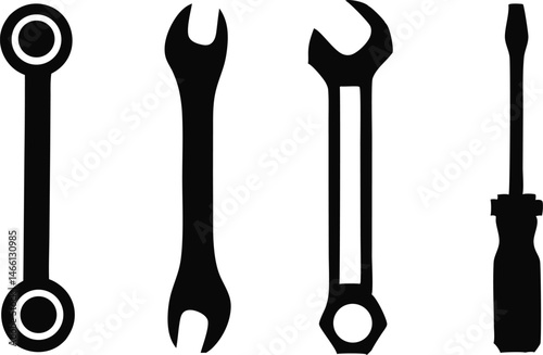 Diverse Black Vector Icon Set of Wrenches and Screwdrivers for Industrial and Mechanical Design Applications.