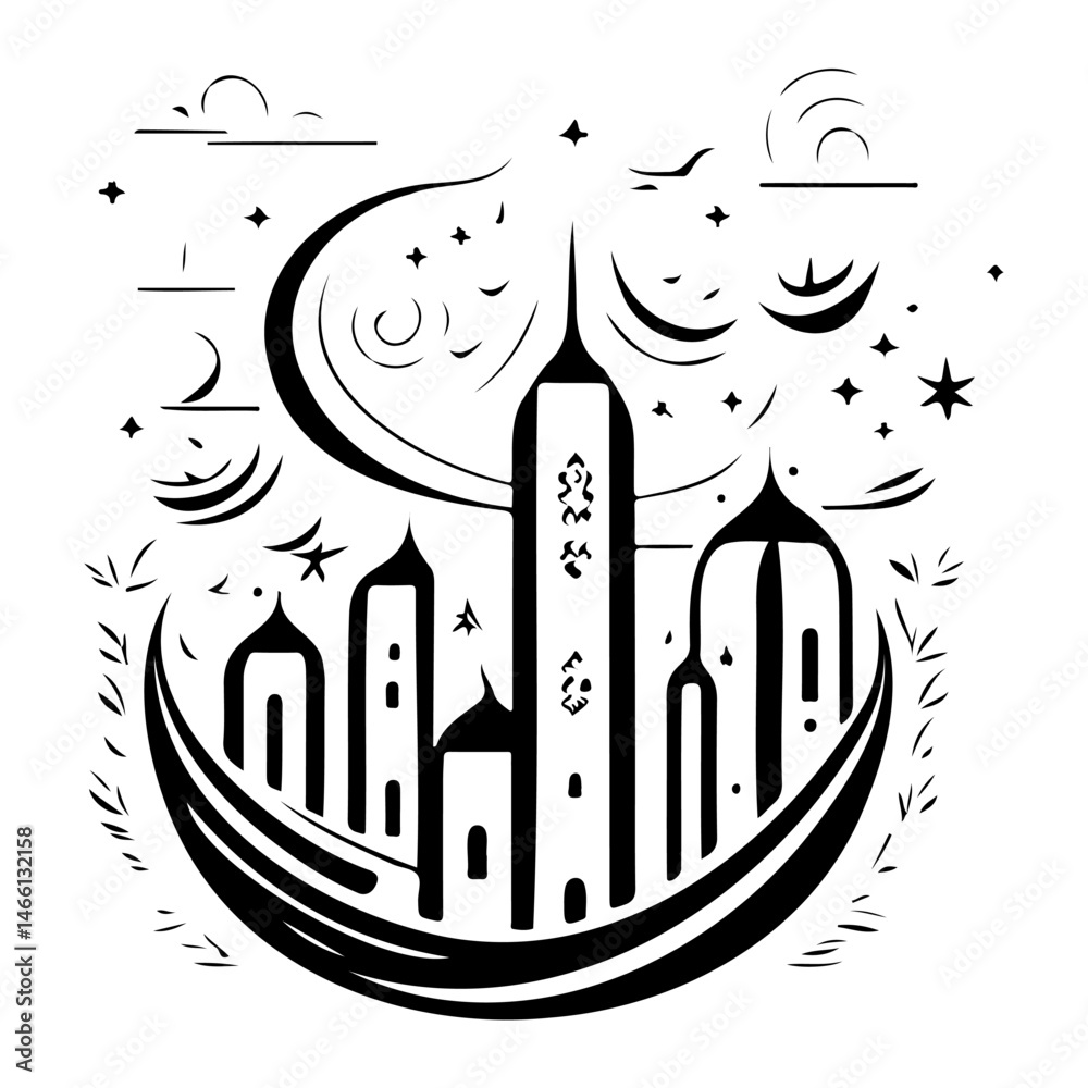Stylized cityscape illustration with crescent moon and celestial accents