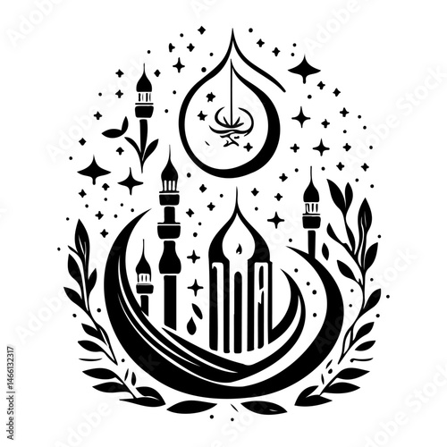 Abstract decorative islamic crescent moon and architecture silhouette design