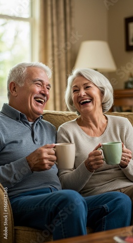 Happy senior couple laughing and drinking coffee together on the sofa at home retirement lifestyle