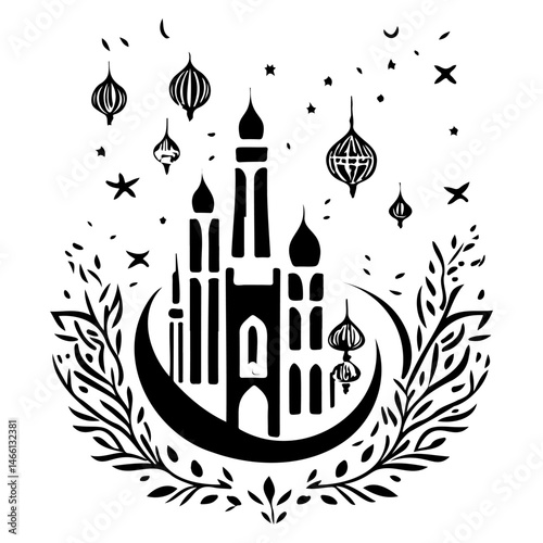 Stylized lunar arabesque silhouette with towers, crescents, and celestial motifs