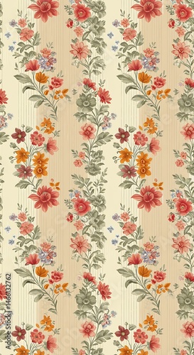 Creamy Floral Textile Design: Rustic Blooms & Stripes