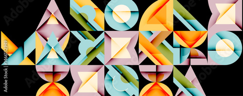 Abstract geometric shapes, colorful polygons, overlapping forms create dynamic composition. Modern design, vibrant hues, artistic expression.