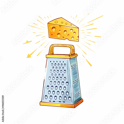 Cheese Block with Metal Grater on Wooden Board – Cooking Ingredient Vector Illustration

