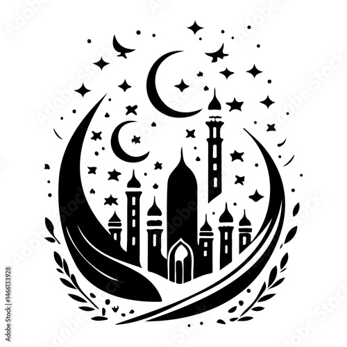 Ethereal mosque silhouette amidst crescent moons and celestial starlight vector art