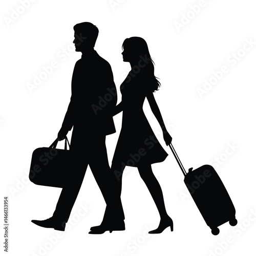 Silhouette of a Couple Walking with Luggage on Vacation