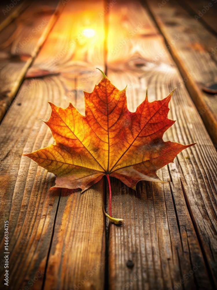 Obraz premium Fall maple leaf on wooden table with warm golden light cast