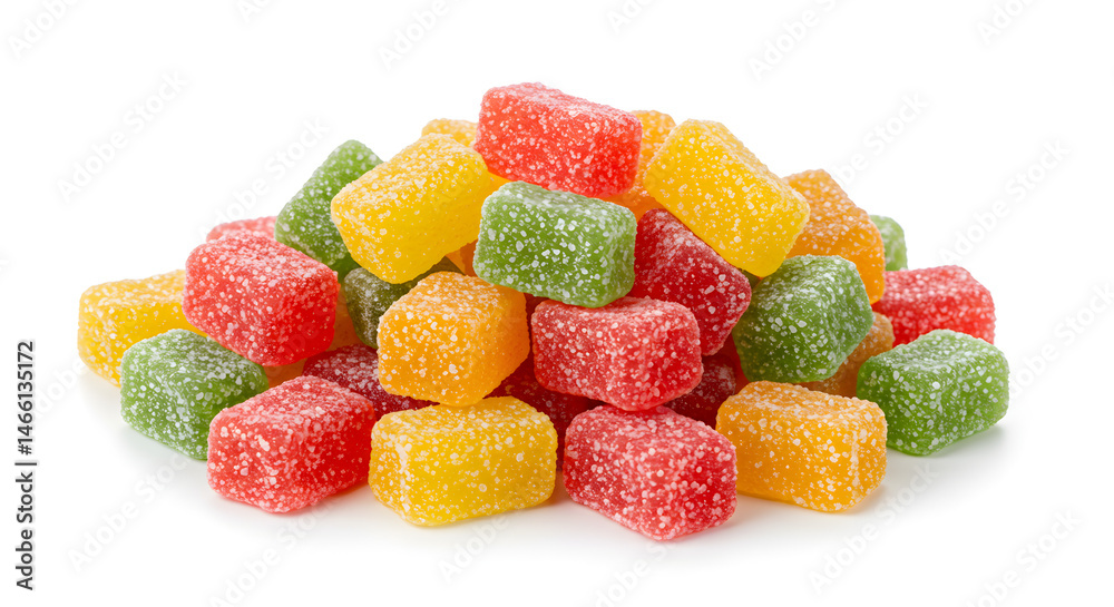 Pile of Colorful Marmalade Sweets with Sugar Sprinkles on White Background Rectangular Confectionery Pieces in Yellow Orange Red and Green Pile of Colorful Marmalade Sweets with Sugar Sprinkles on White Background Rectangular Confectionery Pieces in Yellow Orange Red and Green
