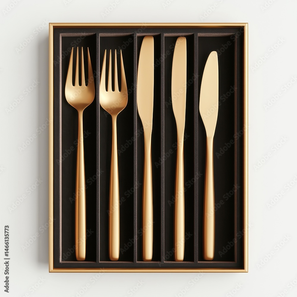Fototapeta premium Elegant Gold Cutlery Set Displayed in Black Velvet Tray