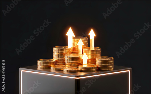 3D Financial Growth Concept, Rising Money Arrows, Gold Coins & Stock Graphs for Business Success. Coins, Profit Graph & Golden Investment Strategy. Economic Rise, Currency Growth, Market Success