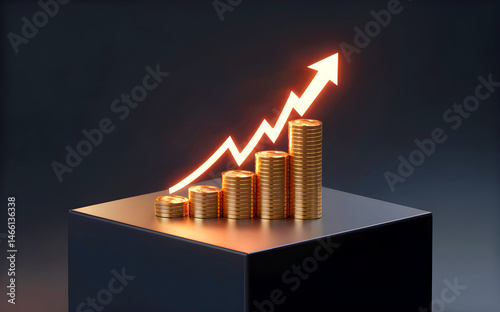 3D Financial Growth Concept, Rising Money Arrows, Gold Coins & Stock Graphs for Business Success. Coins, Profit Graph & Golden Investment Strategy. Economic Rise, Currency Growth, Market Success