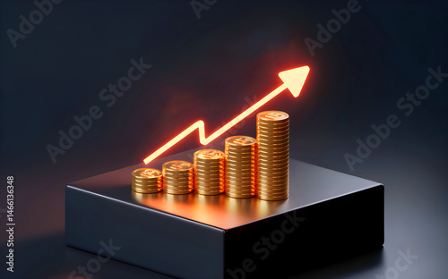 3D Financial Growth Concept, Rising Money Arrows, Gold Coins & Stock Graphs for Business Success. Coins, Profit Graph & Golden Investment Strategy. Economic Rise, Currency Growth, Market Success