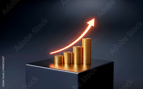 3D Financial Growth Concept, Rising Money Arrows, Gold Coins & Stock Graphs for Business Success. Coins, Profit Graph & Golden Investment Strategy. Economic Rise, Currency Growth, Market Success