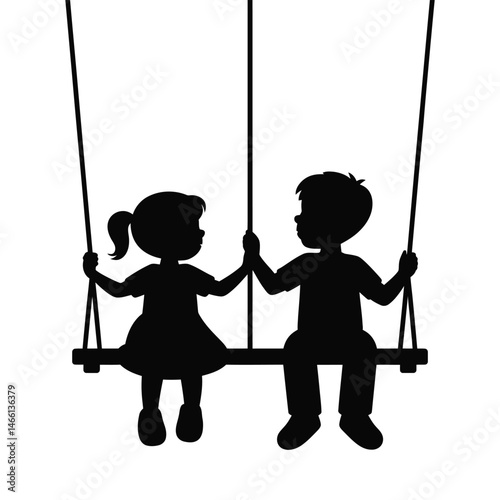 Silhouette of Boy and Girl Sharing a Swing Set