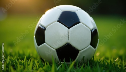 Close-up view of classic black and white soccer ball, arena, field, white