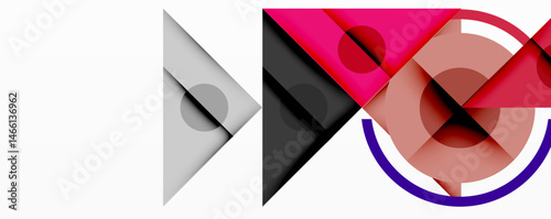 Abstract geometric composition. Shapes overlap, creating dynamic visual interest. Pink, gray, purple hues dominate design.